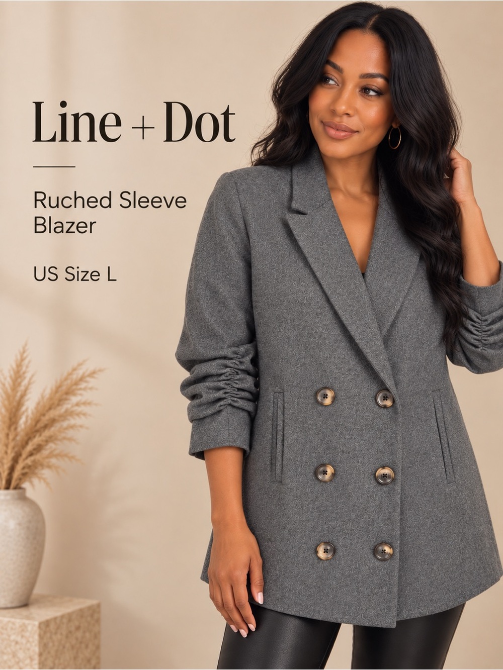 Line + Dot Gray Wool Blend Double Breasted Ruched Sleeve Blazer Size L
